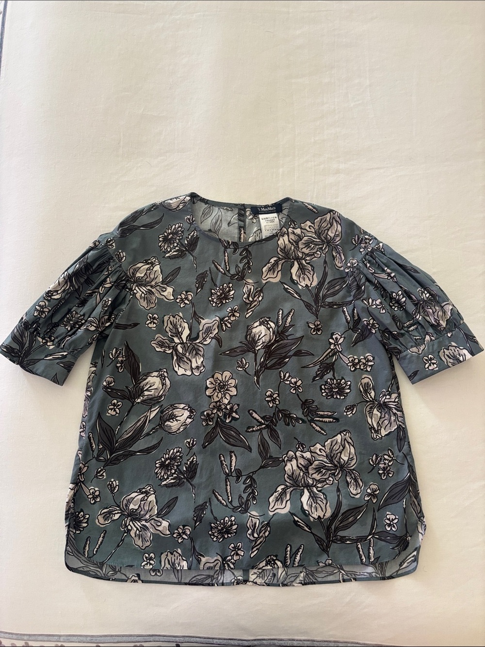 MaxMara Slate Green Floral Puff-Sleeve Blouse -Sz 6 - Picture 2 of 6